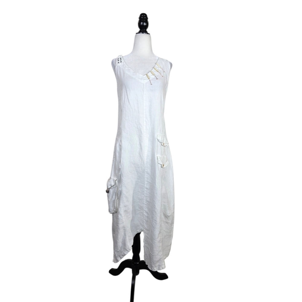 Linen V neck asymmetrical minimalist bohemian vibe Sleeveless midlength Dress